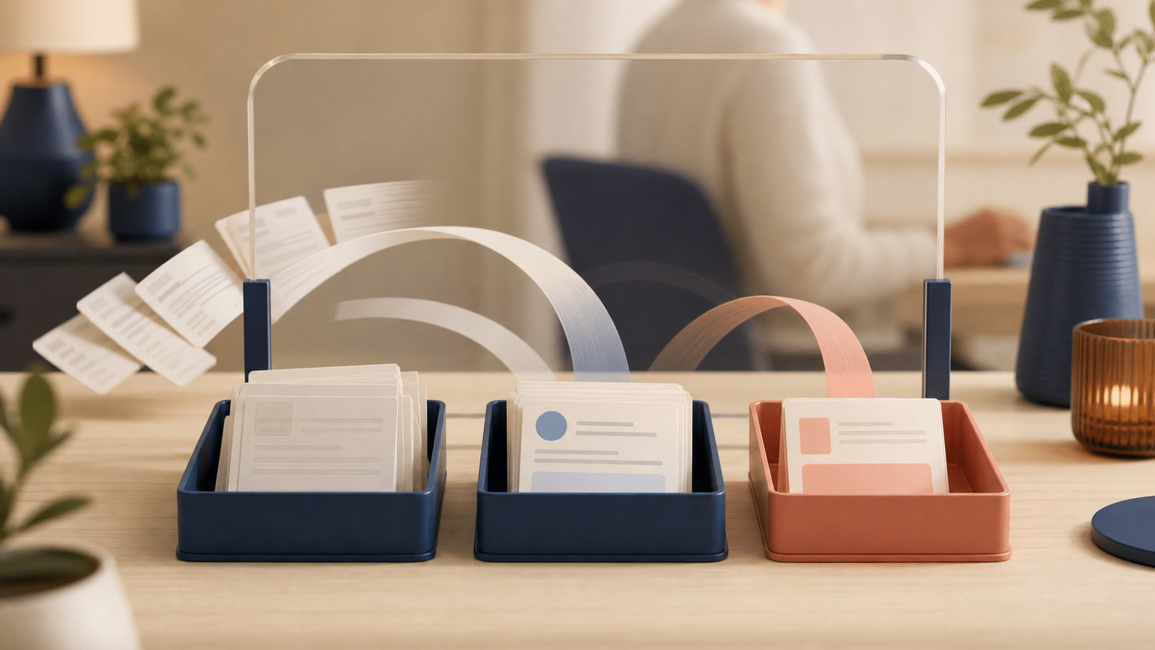 Paper form submissions pass behind a clear screen into separate review and escalation trays