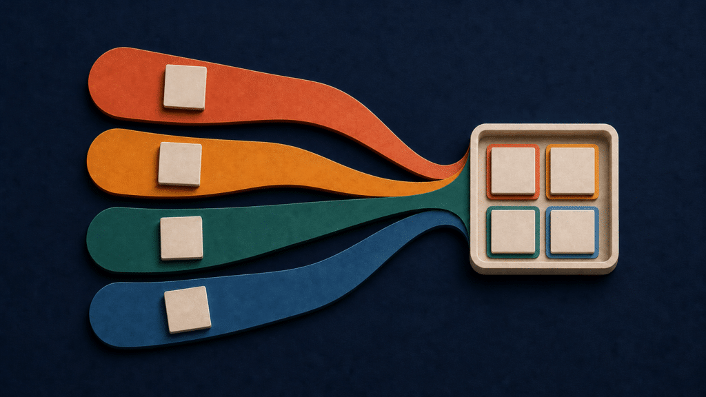 Four color-coded form submission paths converge into one shared review tray.