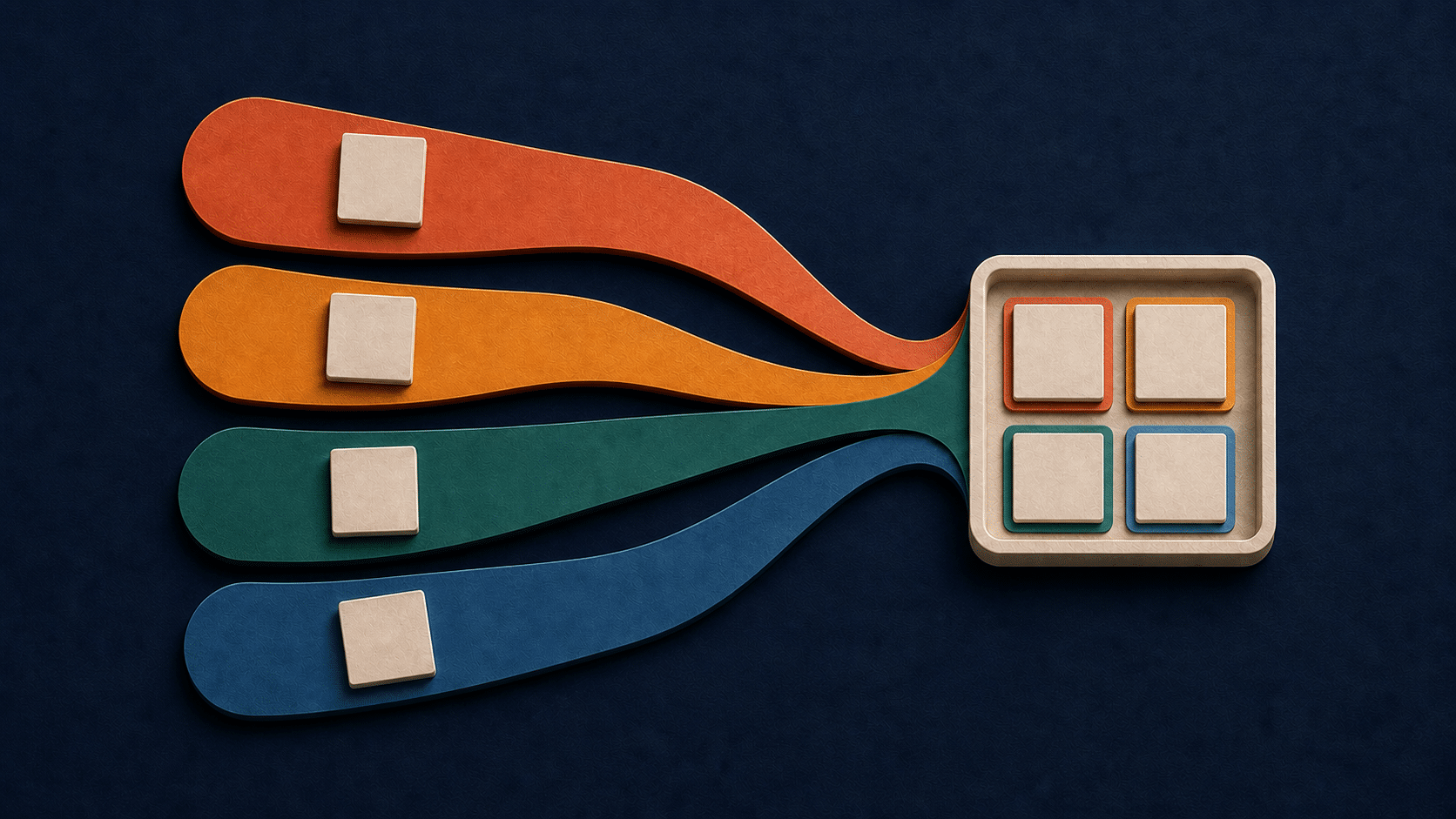 Four color-coded form submission paths converge into one shared review tray.