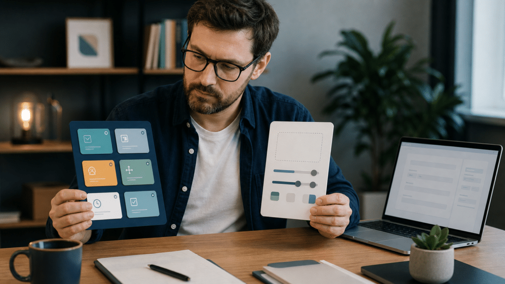Webmaster comparing ready-made Form Action cards with a configurable custom action panel