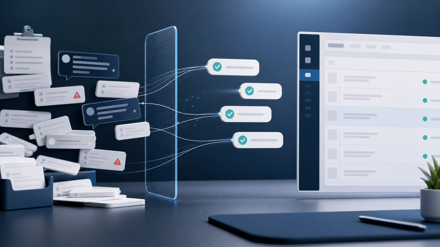 Abstract form cards passing through a privacy boundary into a controlled WordPress review ledger instead of a messy chat-copy workflow