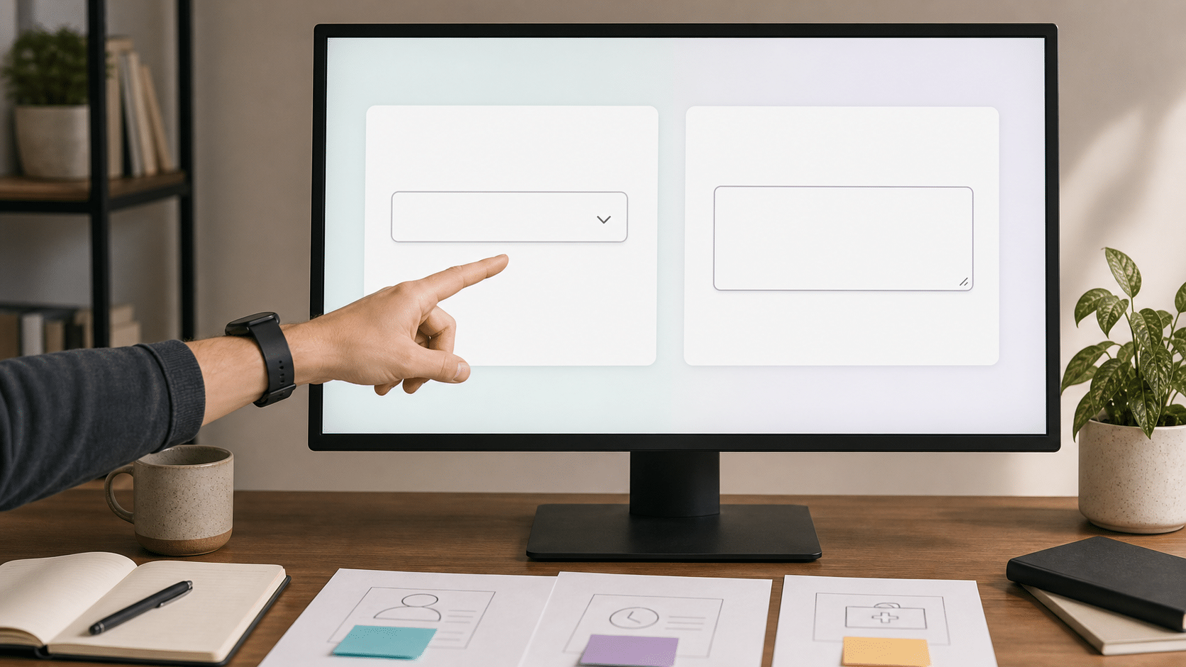 Web professional comparing a dropdown field with an open-text field on a monitor