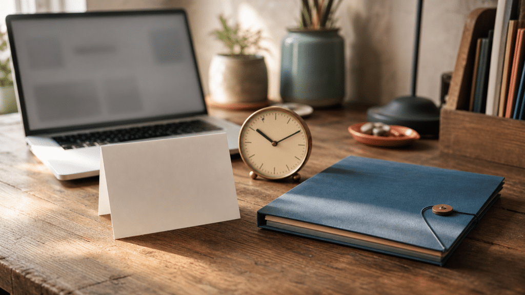 A blank acknowledgement card, clock, and follow-up folder beside a submitted web form