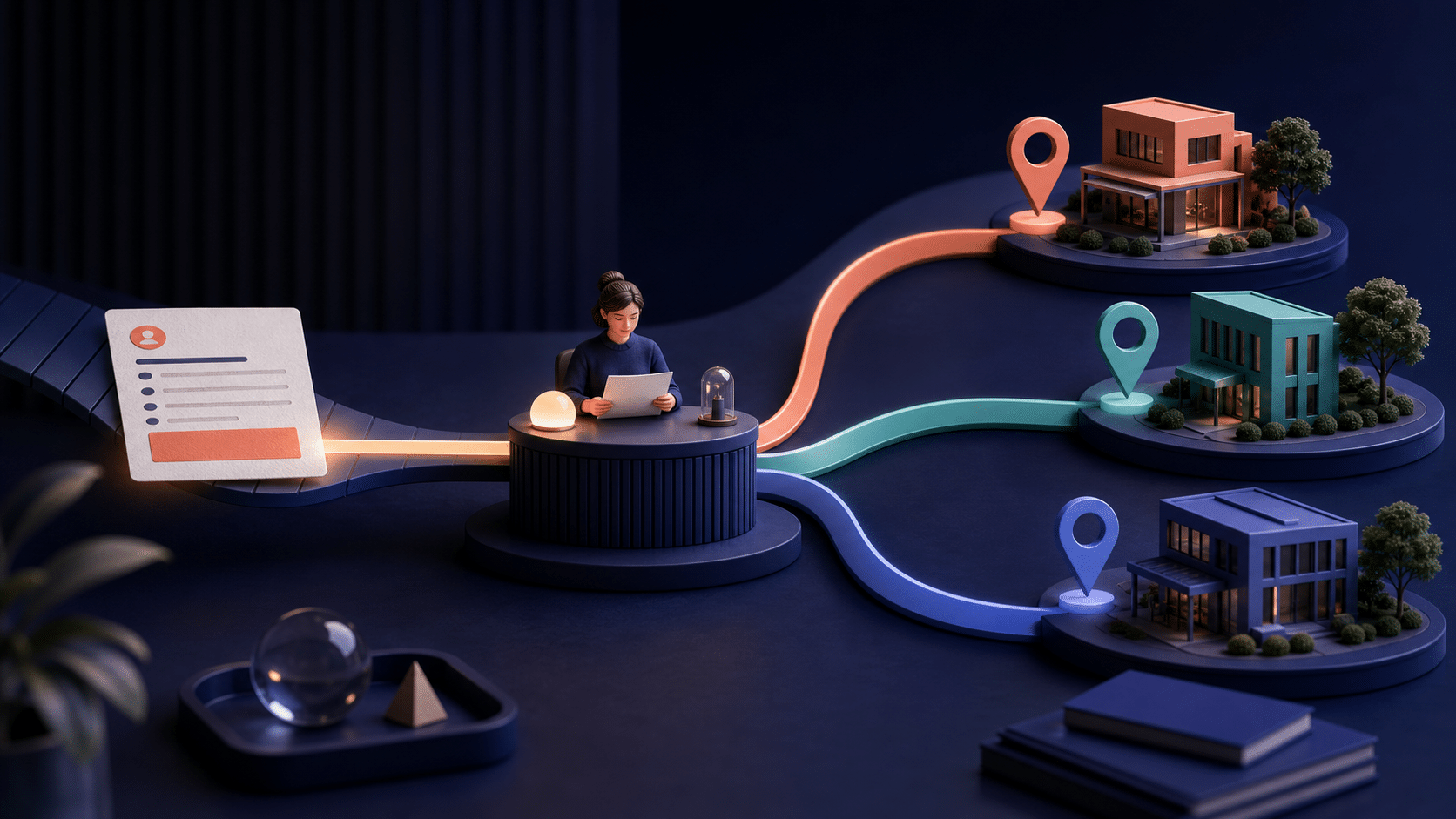 One WordPress inquiry card branches toward three location teams through a human review checkpoint