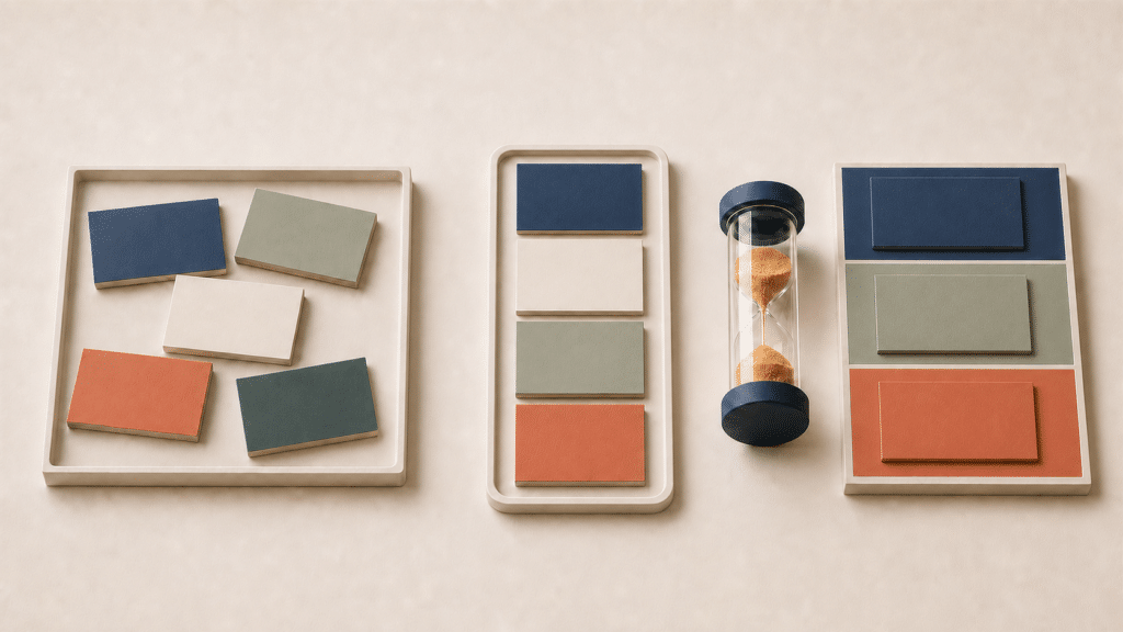 Blank submission tiles move from an intake tray into an ordered queue beside an hourglass and response windows.