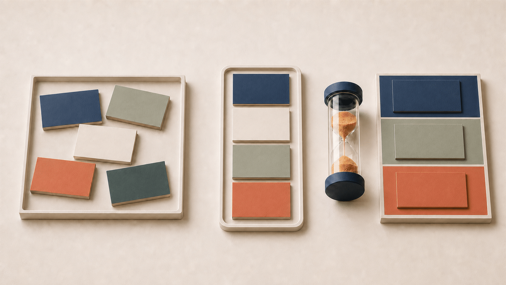 Blank submission tiles move from an intake tray into an ordered queue beside an hourglass and response windows.