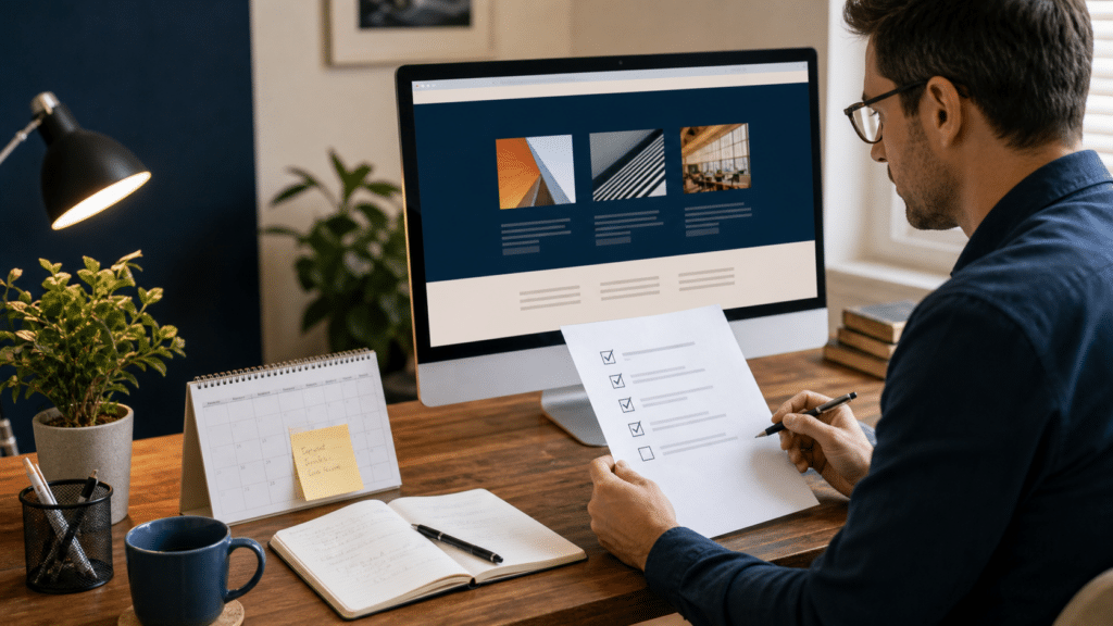 Webmaster comparing a service page with a concise Site Context checklist