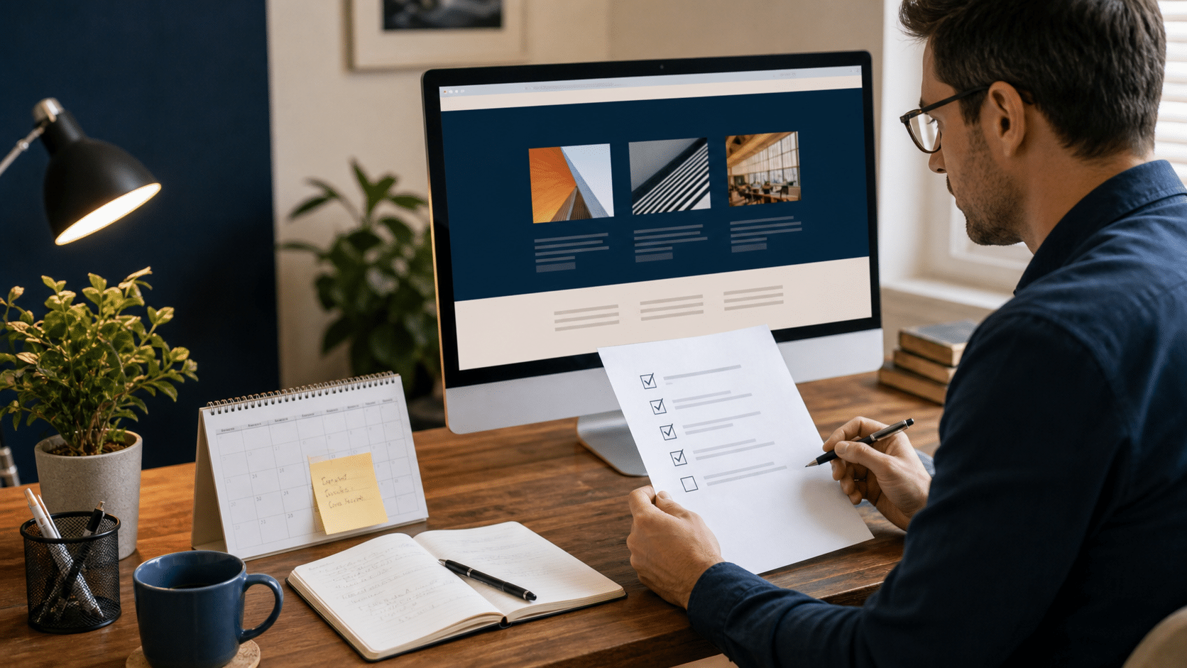 Webmaster comparing a service page with a concise Site Context checklist