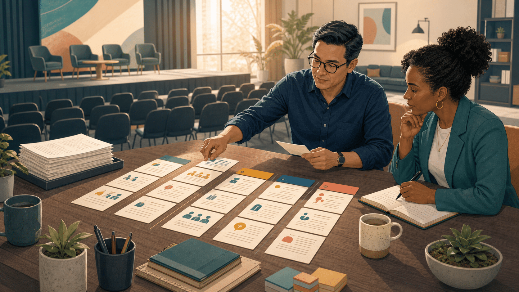 Two conference organizers sort speaker proposal briefs at a table beside an empty stage