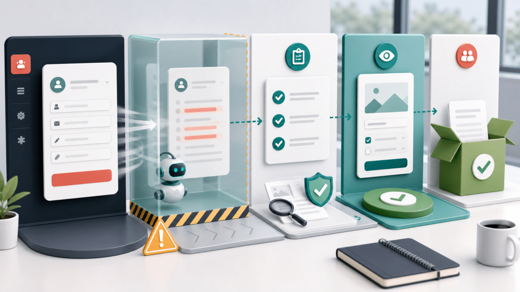 An abstract staging workflow where a WordPress form submission moves through sandbox testing, review checks, preview approval, and client handoff