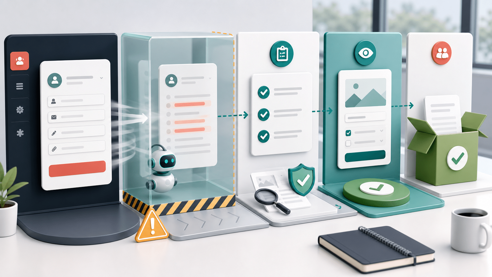 An abstract staging workflow where a WordPress form submission moves through sandbox testing, review checks, preview approval, and client handoff