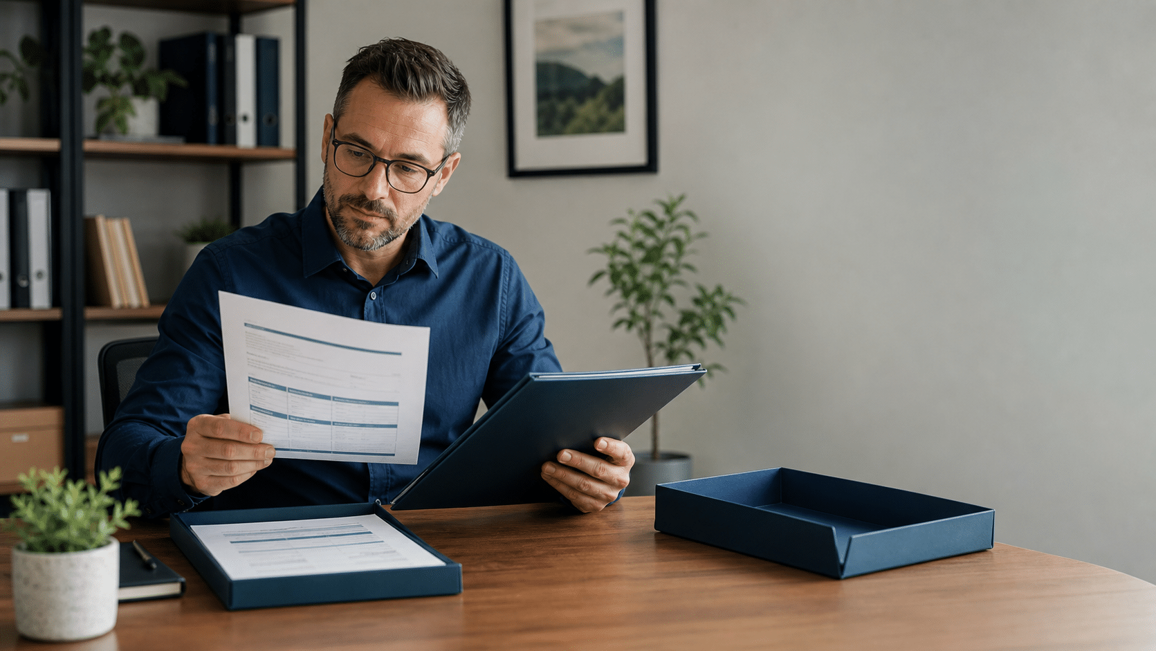 Operations manager reviewing a vendor intake form beside a separate document tray