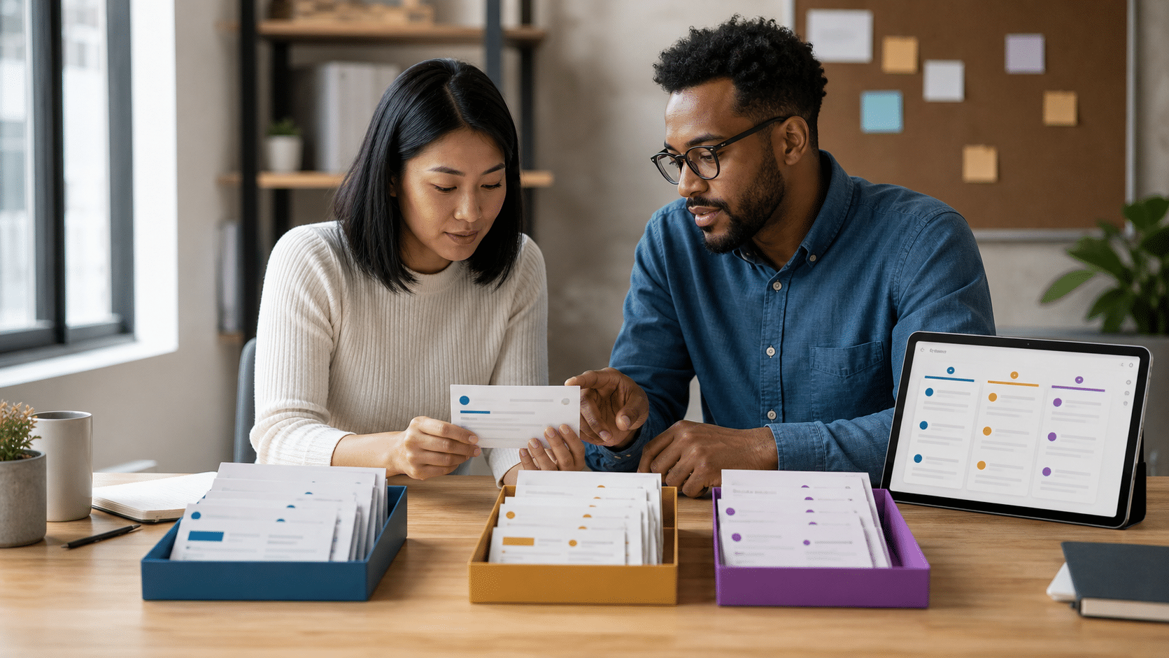 A customer care team sorts cancellation request cards into billing, service, and privacy review queues