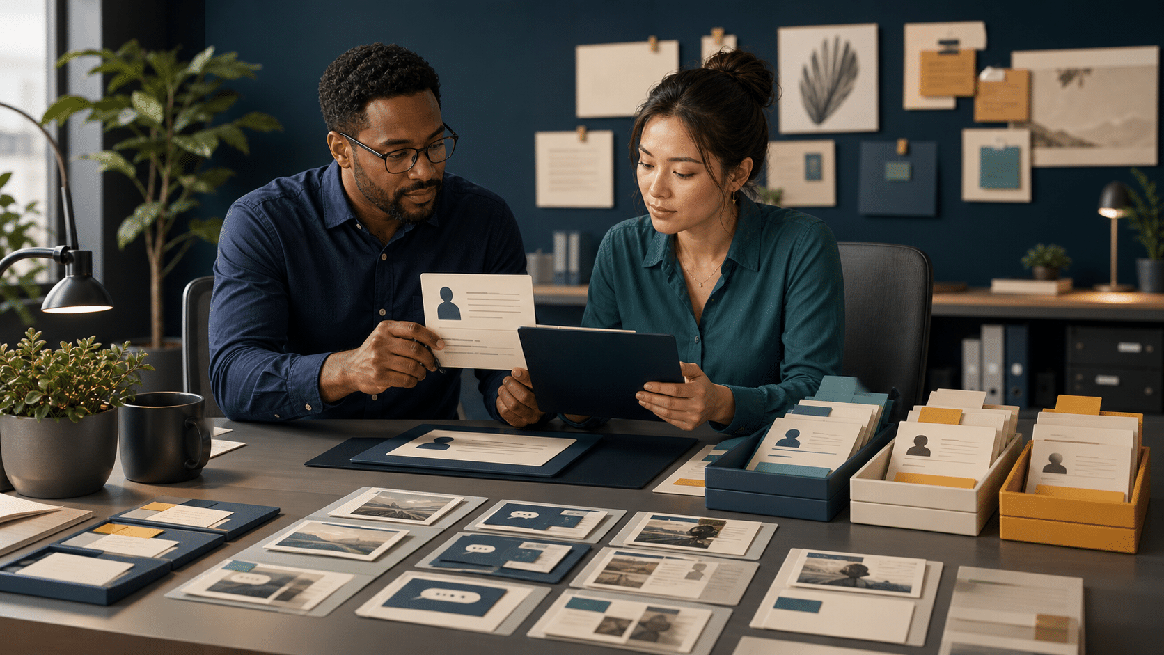 Two customer care reviewers compare a complaint card with an evidence-based review brief