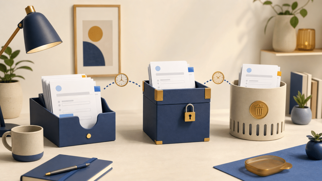 Paper form records move from an active tray to locked archive and scheduled deletion