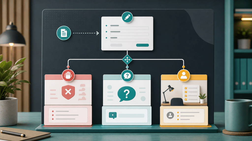 A WordPress form workflow branches into validation, clarification, and human review lanes.