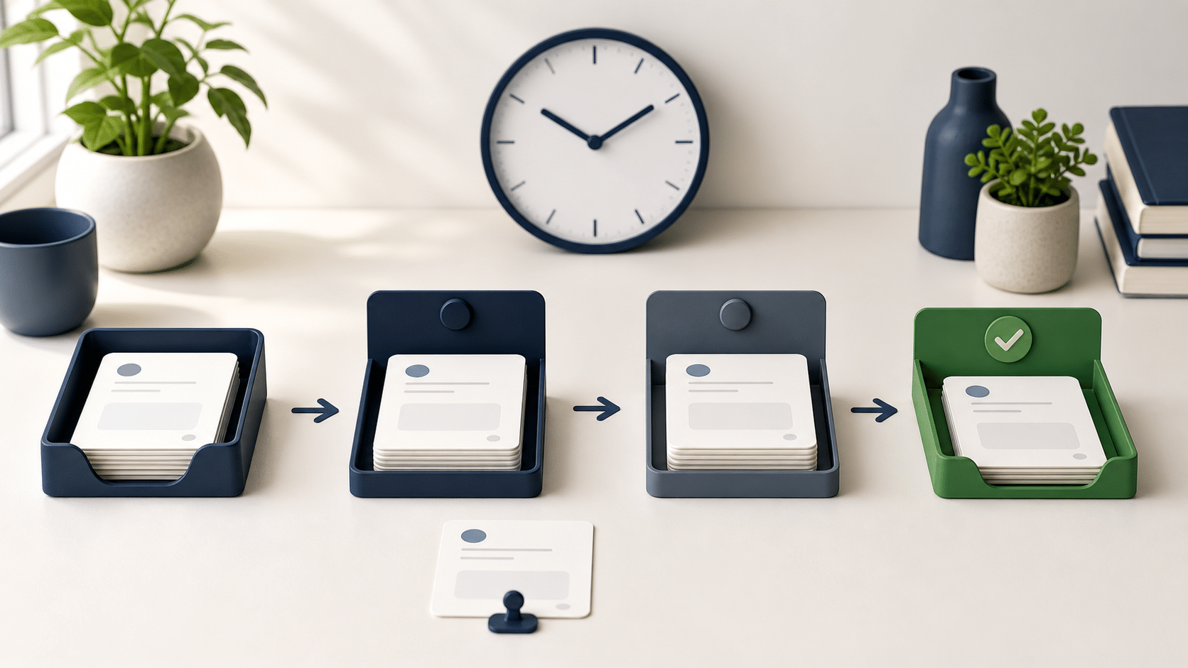 Form review cards moving through four orderly trays beside a clock