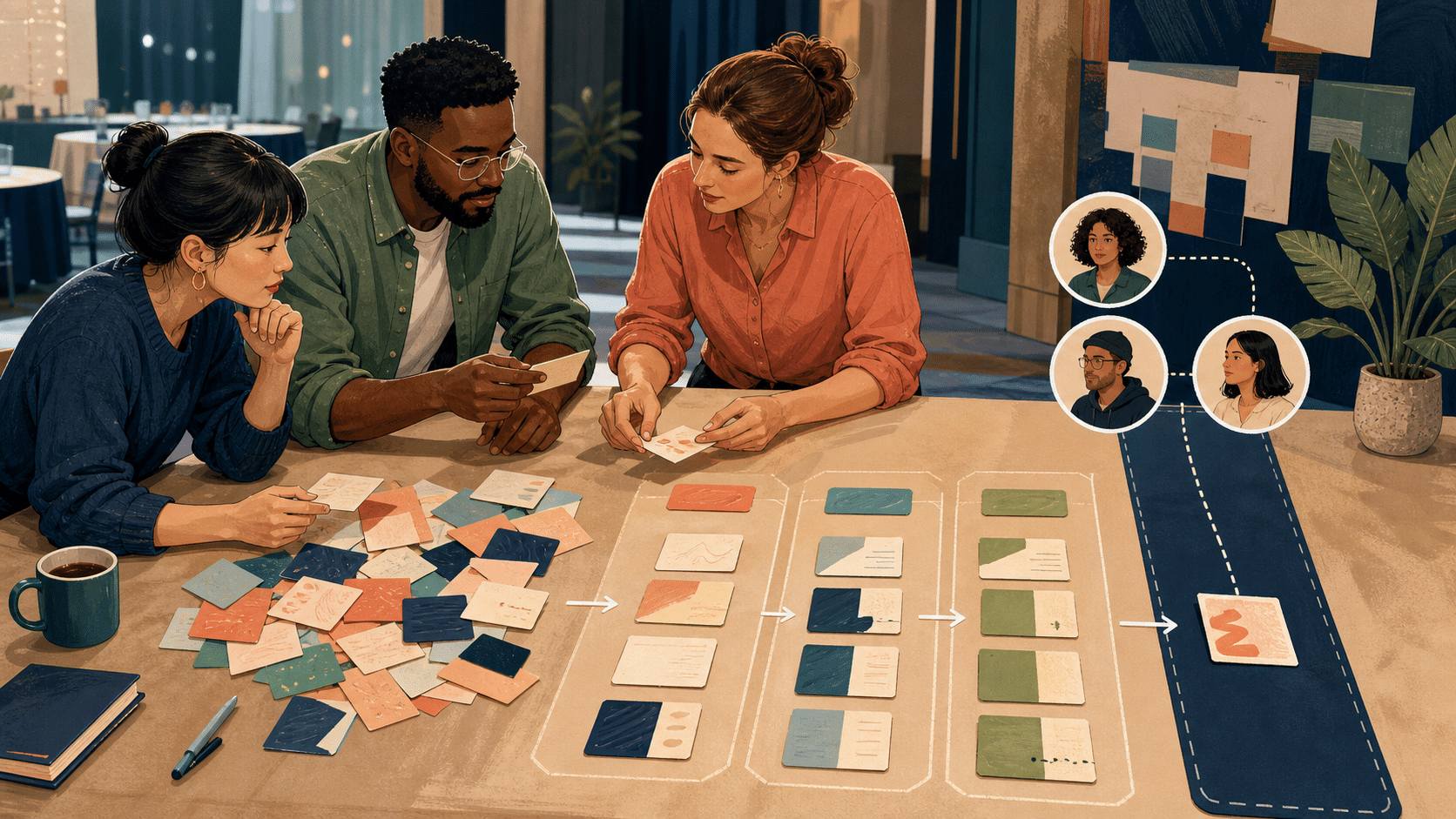 An event operations team groups feedback cards while preserving a separate urgent review item
