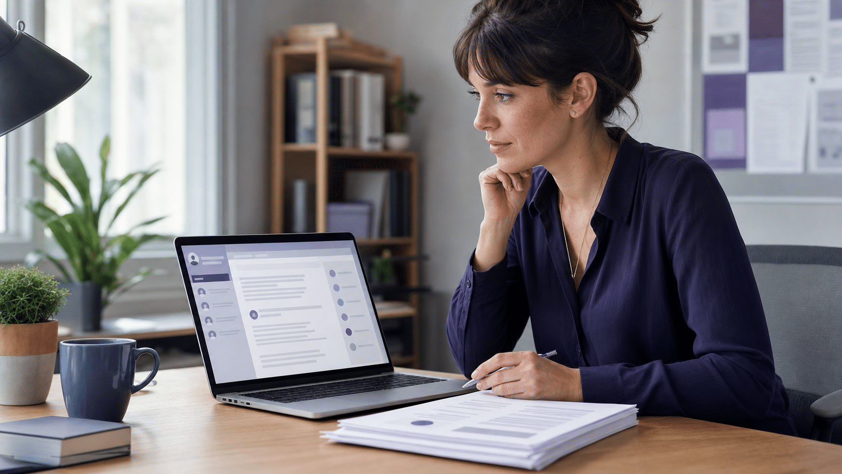 A hiring coordinator reviews a concise job application brief while keeping the decision human-led