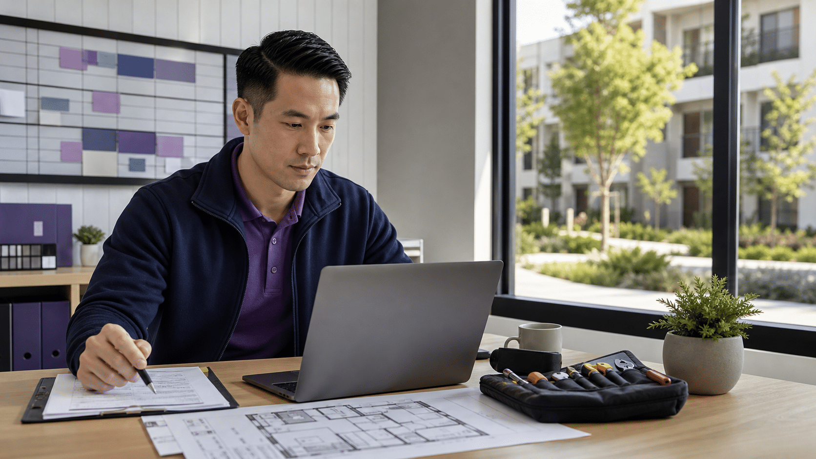A property maintenance coordinator reviews a repair request brief before dispatching a technician