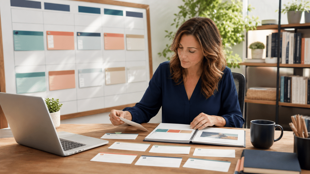 A training coordinator organizes inquiry cards into a review packet for a human handoff