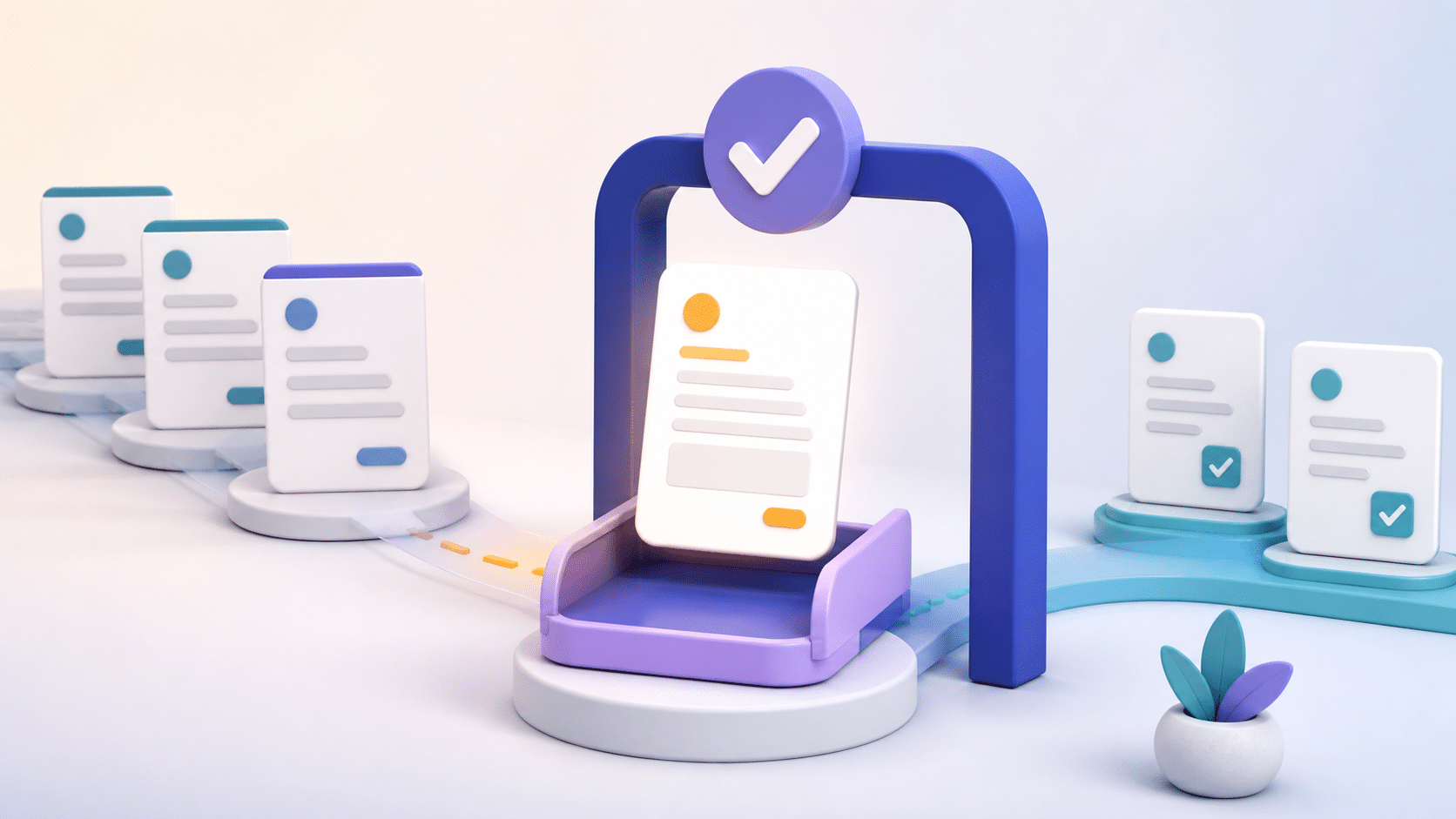 Form request waiting in an approval tray beneath a review checkpoint