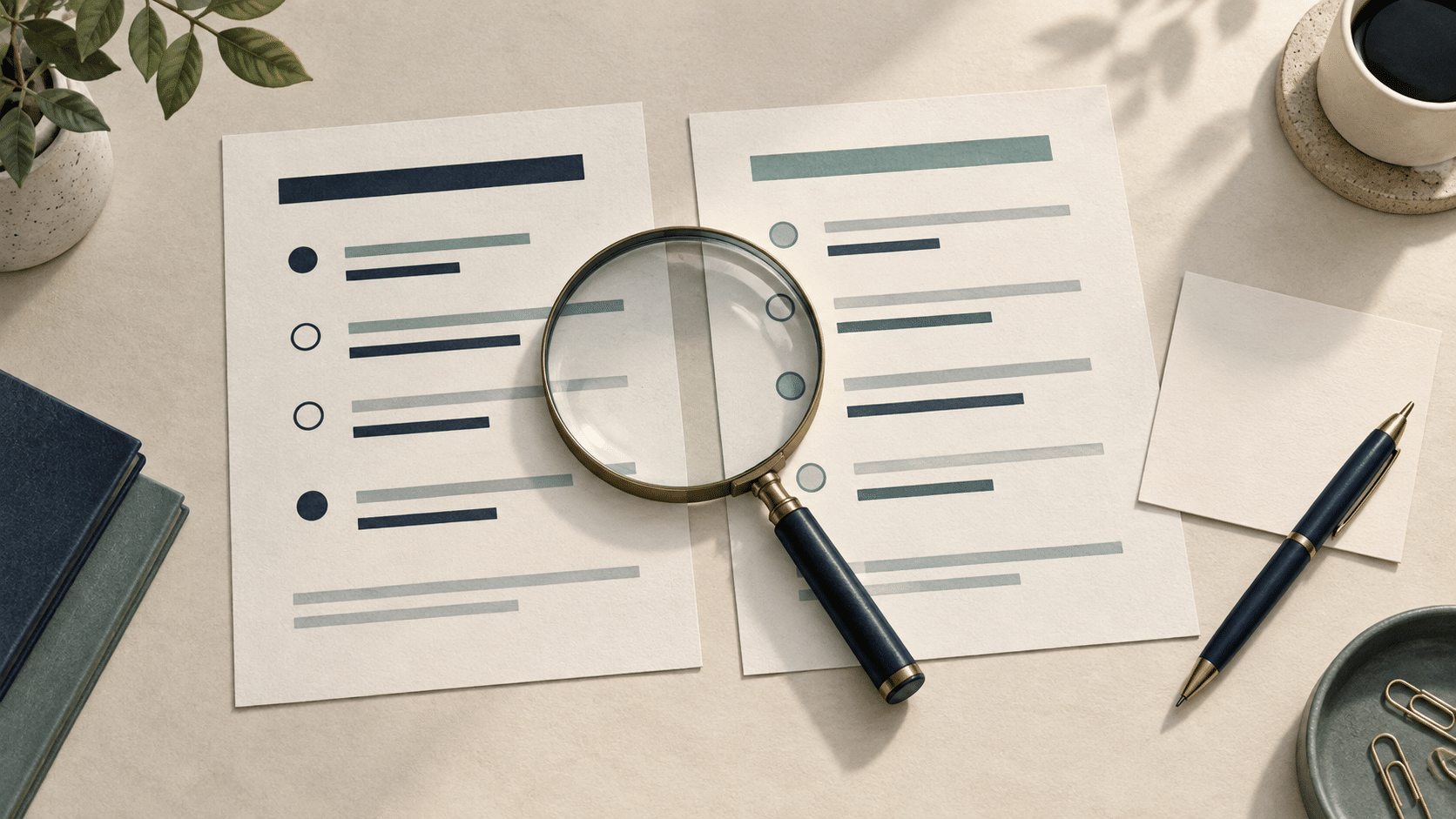 Illustration of two form sheets under a magnifying glass, beside a blank card and a pen.