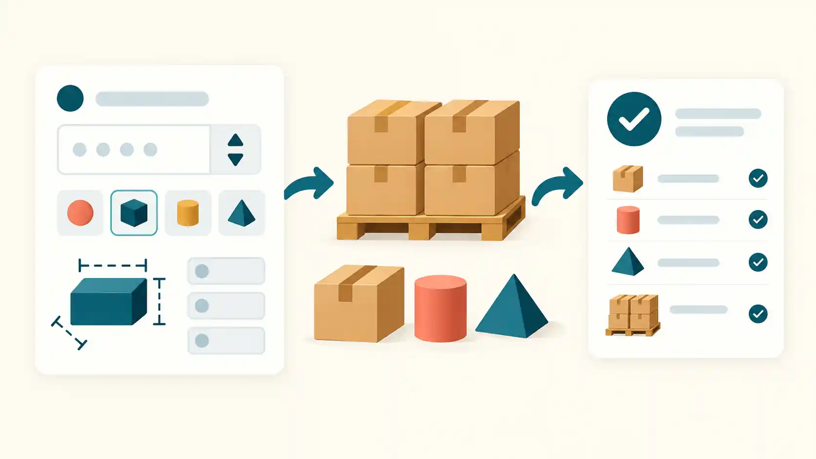 Illustration of quantity fields, units, dimensions, grouped boxes, and a review card