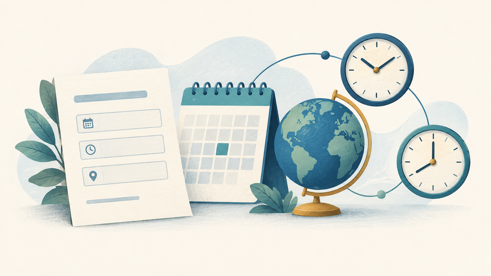 Illustration of a form, calendar, globe and two clocks showing different times.