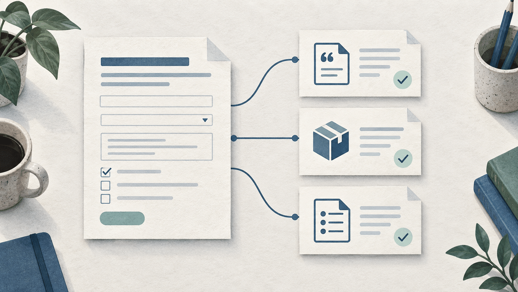 Illustration of one form sheet connected to three separate request cards on a desk.