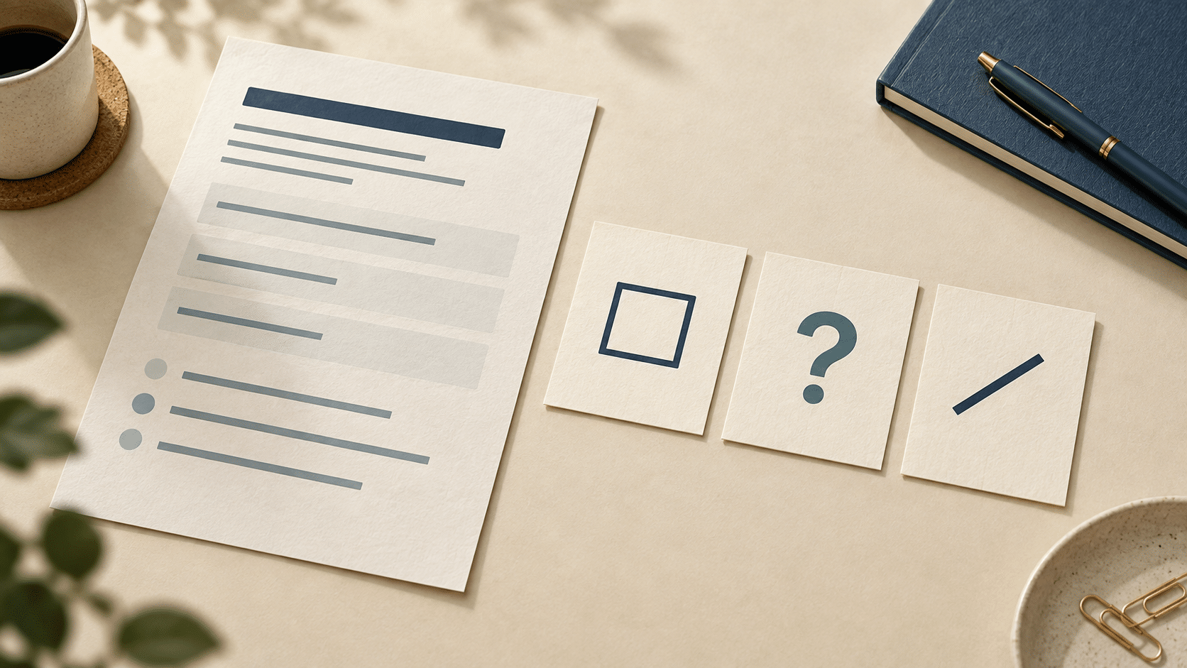 Illustration of a form sheet beside three cards with an empty square, a question mark and a dash.