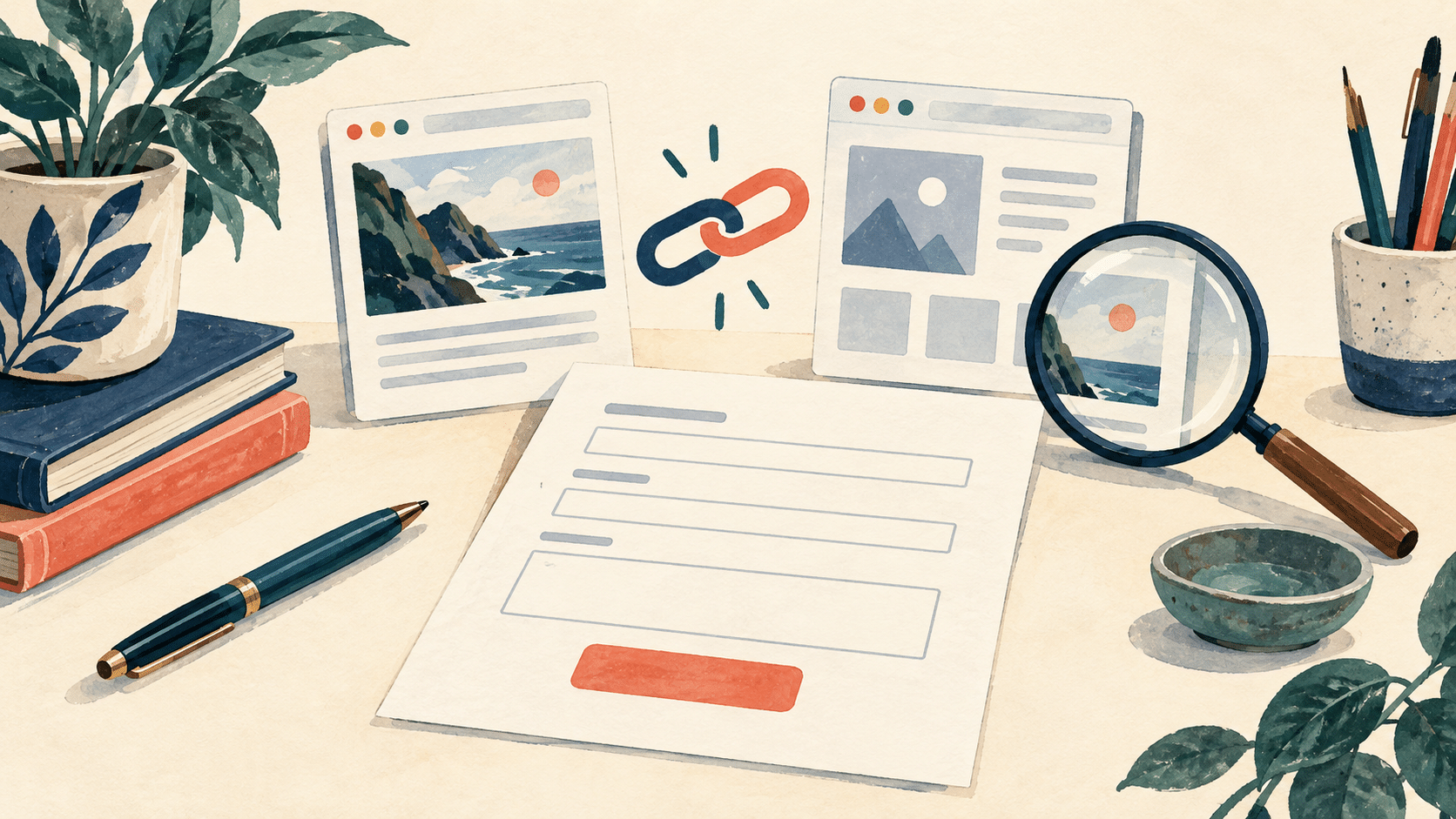 Illustration of two webpage cards, a chain link, a magnifying glass and a form sheet on a desk.