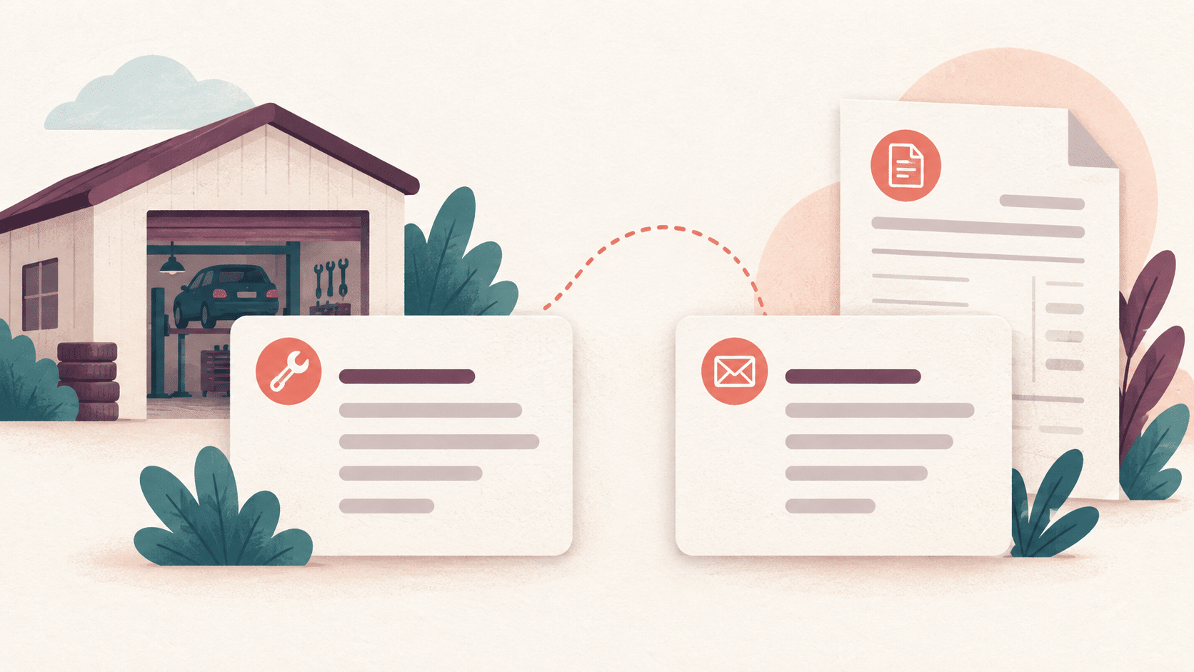 Illustration of two information cards between a workshop and an invoice document.