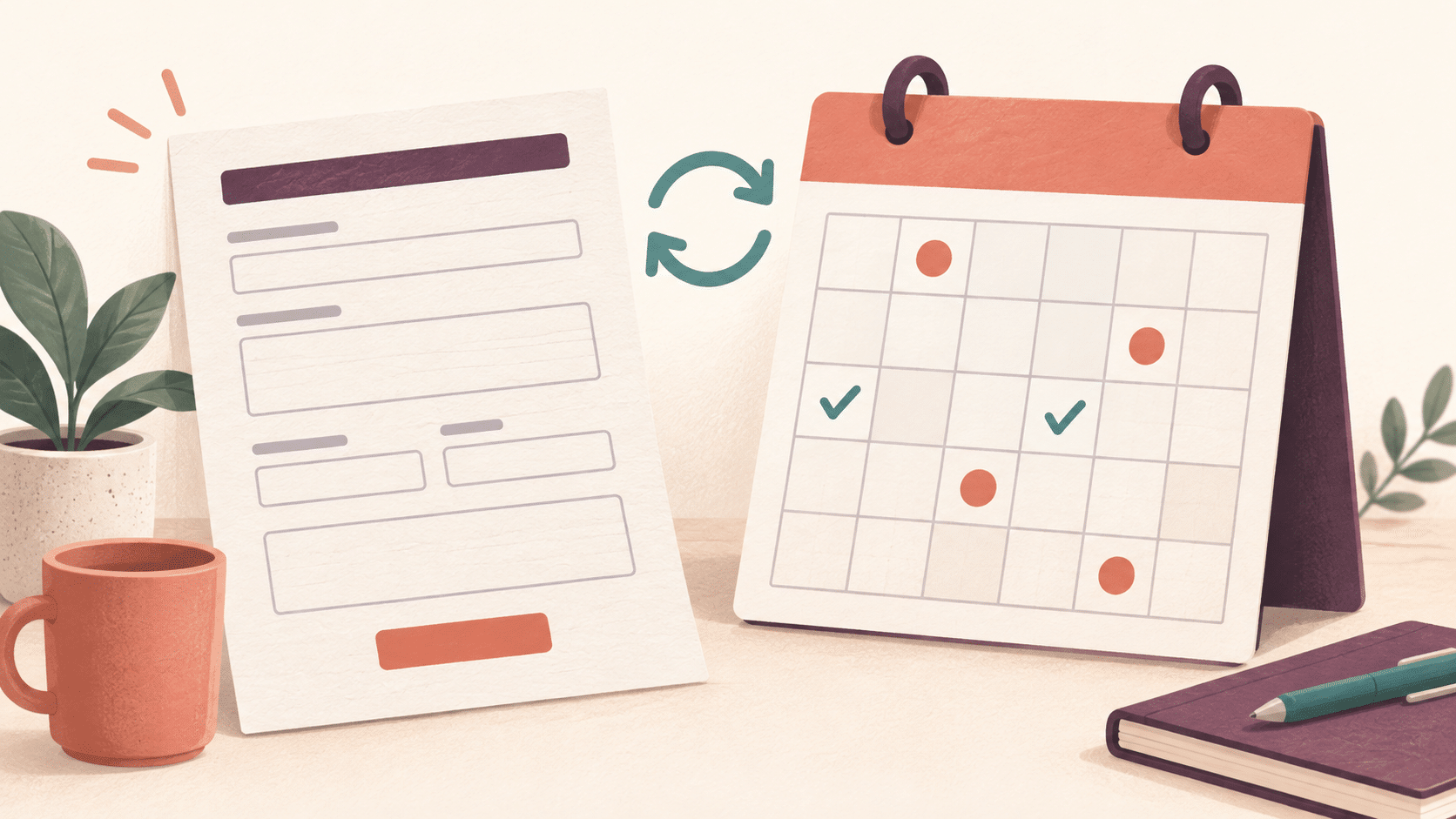 Illustration of a form sheet and a calendar with colored date markers, linked by circular arrows.